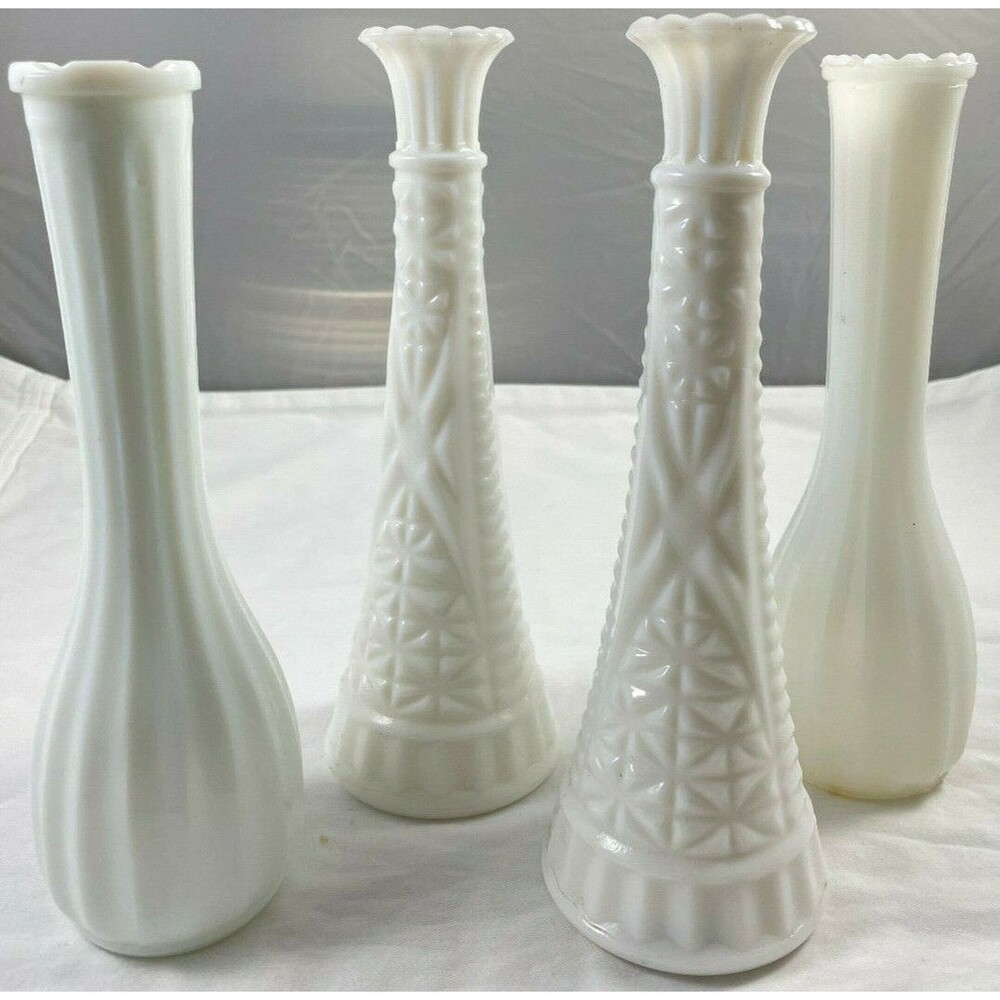Milk Glass Bud Vases White Set Lot of 4 Vintage 9" Anchor Hocking CLG & CO